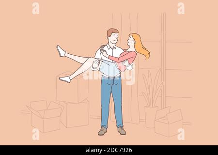 Happy Moving, junges Paar zusammen leben, nur verheiratet Kauf von Immobilien-Konzept. Freund hält Freundin in den Händen bei neuen Haus, frisch verheiratet rel Stock Vektor