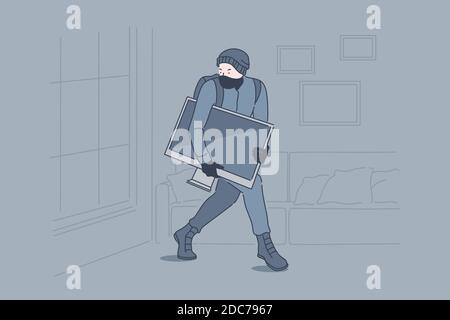 Einbruch-, Verbrechen-, Raub-, Diebstahl-Konzept. Räuber stiehlt Fernseher aus der Wohnung, Gesetzesbrecher, maskierter Dieb, Hausbrecher schleichen sich mit fernseher in dunklen Stock Vektor