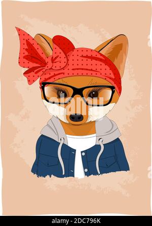 Niedlicher Fuchs in Kleidung und Brille auf orangefarbenem Hintergrund. Vektorporträt. Stock Vektor