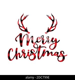 Frohe Weihnachten - Text mit rotem und schwarzem Tartan karierten schottischen Büffelmuster. Grußkarte Text Kalligraphie Ausdruck für Weihnachten oder ein anderes Geschenk. Xm Stock Vektor