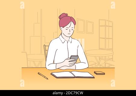 Überarbeit und Burnout, Müdigkeit, Müdigkeit und Depression Konzept. Müde Frau hart arbeiten und die Lösung von Geschäftsproblemen, Überlastung traurig Geschäftsfrau uns Stock Vektor