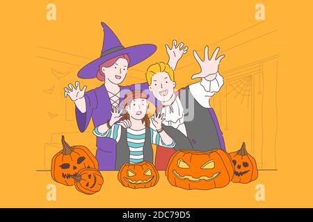 Halloween Party Konzept. Glückliche Familie, Mutter, Vater und Kind in Kostümen auf einer Feier von Halloween. Einfacher, flacher Vektor. Stock Vektor