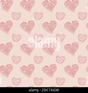 Nahtloses Muster aus roten Herzen auf einem rosa und cremefarbenen Hintergrund. Pastell Hintergrund für Valentinstag, Stoffe, Textilien, Postkarten, Website. Romantischer Vektor Stock Vektor