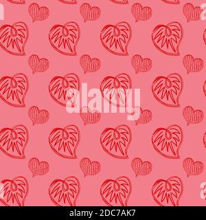 Nahtloses Muster von Doodle roten Herzen auf einem rosa Hintergrund. Hintergrund für Valentinstag, Stoffe, Textilien, Postkarten, Website. Romantischer Vektor Stock Vektor