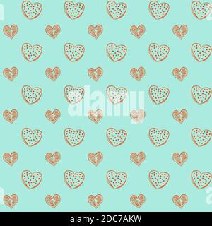 Doodle nahtloses Muster von orangen Herzen auf einem azurgrünen Meer Hintergrund. Hintergrund für Valentinstag, Stoffe, Textilien, Postkarten, Website. Romantisch Stock Vektor
