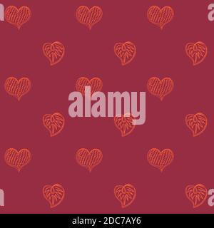Nahtloses Muster aus Doodle rot-orange Herzen auf einem burgunderroten Hintergrund. Hintergrund für Valentinstag, Stoffe, Textilien, Postkarten, Website. Romantischer Vektor Stock Vektor