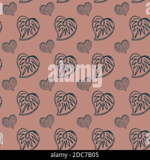 Nahtloses Muster aus Doodle dunkelblauen Herzen auf einem weichen dunkelbeigen Hintergrund. Pastellhintergrund für Valentinstag, Stoffe, Textilien, Postkarten und Webs Stock Vektor