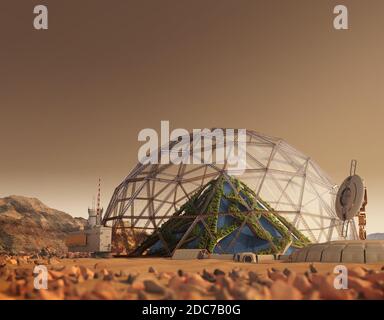 3D-Illustration einer Mars-Außenpostkolonie mit geodätischen Kuppel, die eine vertikale Gartenpyramide beherbergt, für Weltraumforschung, Terraforming und Kolonisation, Stockfoto