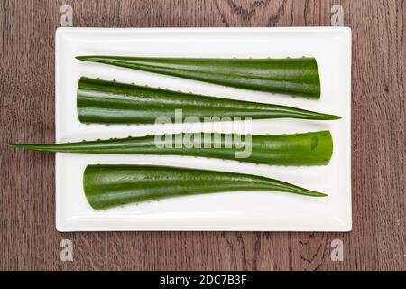 Vier grüne saubere längliche Blätter einer Aloe Vera Pflanze liegen in einer Reihe auf einer weißen Keramikplatte. Stockfoto