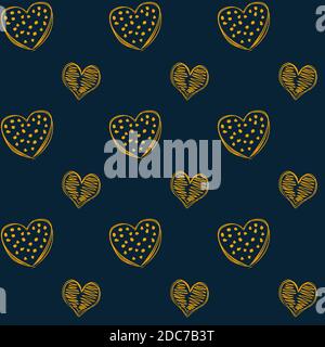 Nahtloses Muster von Doodle goldenen Herzen auf einem marineblauen Hintergrund. Pastellhintergrund für Valentinstag, Stoffe, Textilien, Postkarten und Webseiten. Stock Vektor