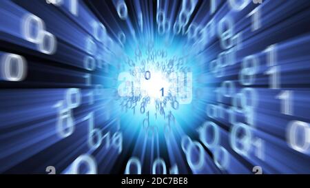 3D Illustration abstrakter Hintergrund mit Nullen und Einsen, die von einer Lichtquelle am Ende eines Cyberspace-Tunnels ausgehen. Stockfoto