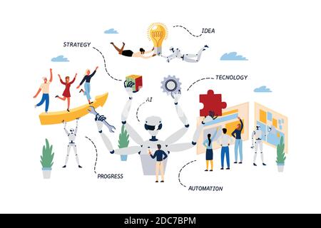 Geschäftskonzept Robotic Process Automation, RPA. Cartoon flaches Design, isolierte Vektor-Illustration. Stock Vektor