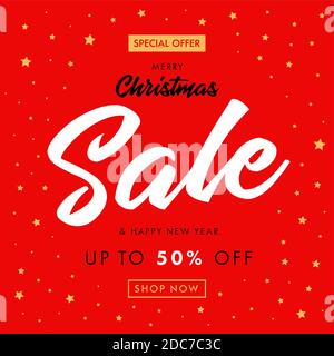 Kalligraphie Weihnachtsverkauf und Frohes Neues Jahr Banner. Merry Christmas Sale Banner mit Text Sonderangebot 50 Prozent Rabatt. Goldene Sterne auf rotem bg Stock Vektor