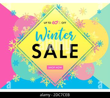 Elegante Winter Verkauf Banner farbig. Winter Schriftzug Design mit Schneeflocken in Rahmen und Text bis zu 60% Sale Shop jetzt auf buntem Hintergrund. Vektor Stock Vektor