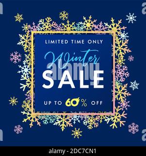 Elegante Winter Verkauf Banner farbigen Schnee. Winter SALE Lettering Design mit blauen Schneeflocken in Rahmen und Text begrenzte Zeit nur Verkauf bis zu 60% auf navy Stock Vektor