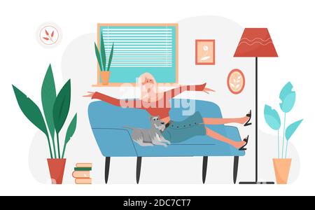 Glückliche junge Frau entspannend mit Haustier Hund zu Hause Vektor-Illustration. Cartoon lustige Tier Besitzer Mädchen Figur liegen auf gemütlichen Sofa, verbringen Spaß Zeit mit eigenen doggy im Zimmer Innenraum isoliert auf weiß Stock Vektor