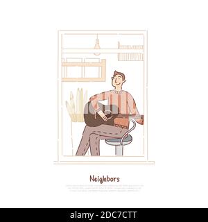 Junger Mann spielt akustische Gitarre, Musiker üben, Teenager Freizeitaktivitäten, Zeitvertreib, Mann im Zimmer Banner Vorlage. Nachbar in Wohnung Fenster Stock Vektor