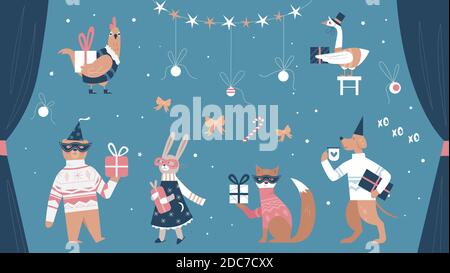 Weihnachten Tiere Vektor-Illustration. Cartoon lustige Tierfiguren tragen Schal, warmen Pullover und festliches Kleid, mit Geschenken für die Feier Winterferien Party, Weihnachten Poster Hintergrund Stock Vektor