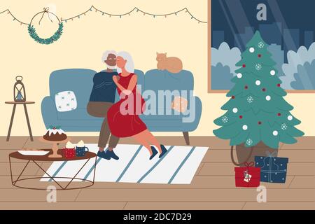 Ältere Menschen verbringen Zeit zusammen auf Weihnachten Winter Urlaub Vektor-Illustration. Cartoon glücklich altes Paar umarmt, sitzen auf gemütlichen Sofa im Wohnzimmer mit Weihnachtsbaum Hintergrund Stock Vektor