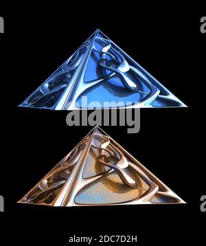 3D-Rendering von futuristischen architektonischen Strukturen in blau und Kupfer Chrom isoliert auf schwarz mit dem Clipping-Pfad in der Abbildung enthalten. Stockfoto