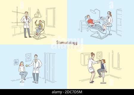 Stomatologie Klinik, Menschen in der Zahnarztpraxis, Stomatologe Untersuchung Patienten Zähne, Kind besuchen Kinderarzt Banner. Kieferorthopädie, Arzttermin Stock Vektor