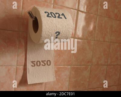 Wir sehen 2020 und Neujahr 2021 auf einer Toilette Rolle Stockfoto