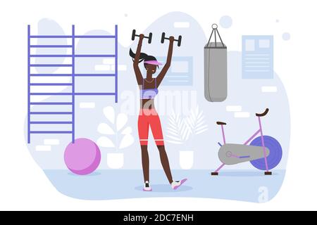 Fitness-Workout in Fitness-Vektor-Illustration. Cartoon Trainer Sportwoman Charakter in Sportbekleidung tun Sport-Übung im Fitnessraum Raum Interieur, Training gesunden sportlichen Körper mit Hanteln isoliert auf weiß Stock Vektor