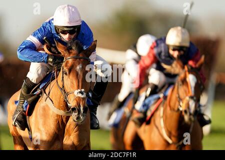 Tamaroc De Mathan mit Harry Cobden (blaue und rosa Seide) gewinnt die Visit racingtv.com Novices' Limited Handicap Chase auf der Wincanton Racecourse. Stockfoto