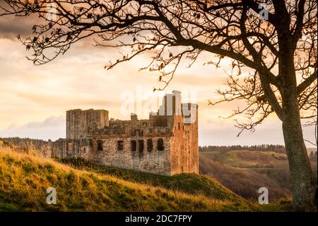 Crichton Castle Midlothian, Großbritannien. November 2020. UK Schottland UK Wetter. Eine herbstliche Sonnenuntergangsansicht von Crichton Castle, Crichton Castle ist eine Burgruine in der Nähe des Dorfes Crichton in Midlothian, Schottland. Erbaut als Turmhaus im späten 14. Jahrhundert, und es wurde als Macht der Crichton Familie wuchs erweitert die Ruinen sind jetzt in der Pflege der historischen Umwelt Schottland, und sind für die Öffentlichkeit zugänglich. Quelle: phil wilkinson/Alamy Live News Stockfoto