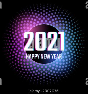 Frohes neues Jahr 2021 Glitch Circle Label in Neonlicht Farbeffekt Stock Vektor