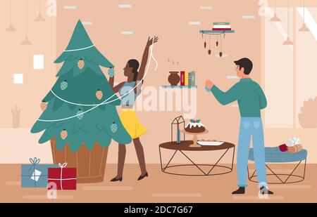 Glückliches Paar Menschen schmücken Weihnachtsbaum Vektor Illustration. Cartoon Mann Frau Familie Zeichen Dekoration Weihnachtsbaum für Merry Xmas Urlaub Party zu Hause, feiern Silvester Hintergrund Stock Vektor