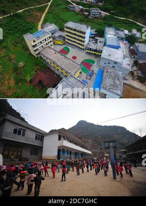 (201119) -- NANNING, 19. November 2020 (Xinhua) -- in diesem Combo-Foto zeigt der obere Teil, aufgenommen am 4. September 2017 mit einer Drohne, das neue Aussehen der Nongyong Grundschule im autonomen Bezirk Dahua Yao in der autonomen Region Guangxi Zhuang in Südchina; Der untere Teil am 19. Dezember 2013 zeigt die Grundschule vor der Renovierung. Der 20. November ist der Weltkindertag. Während seiner Kampagne gegen die Armut in den letzten Jahren hat Guangxi die Extrameile gegangen, um Kindern in den von Armut betroffenen Gebieten ein besseres Leben und eine bessere Bildung zu ermöglichen. (Xinhua/Huang Xiaobang) Stockfoto