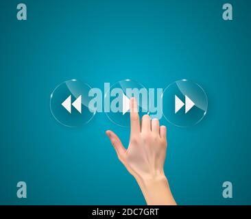 Realistische 3D Silhouette der Hand mit dem Finger auf eine Play-Taste drücken. Abbildung. Stockfoto