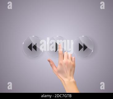 Realistische 3D Silhouette der Hand mit dem Finger auf eine Play-Taste drücken. Abbildung. Stockfoto