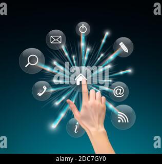 Realistische 3D Silhouette der Hand mit dem Finger Drücken einer Taste auf blauem Hintergrund. Abbildung. Stockfoto