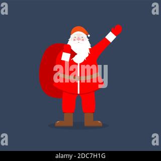 Der Weihnachtsmann winkt mit einer Tüte mit Geschenken auf dem Rücken. Flache Vektor-Illustration für Maskottchen oder Zeichentrickfigur. Illustration für Weihnachtskarten Stock Vektor