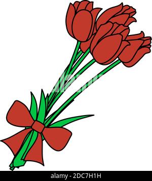 Tulpen Bouquet Symbol Mit Schleife Gebunden. Bearbeitbare Kontur Mit Farbfülldesign. Vektorgrafik. Stock Vektor