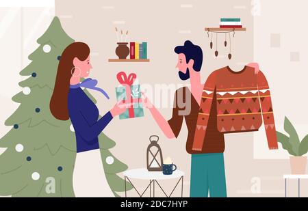 Glückliche Familie Menschen geben Weihnachtsgeschenke Vektor Illustration. Cartoon Mann Frau paar Zeichen geben Weihnachten Geschenk Geschenk in Box und warmen Pullover, neben Weihnachtsbaum zu Hause im Hintergrund stehen Stock Vektor