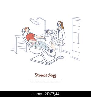 Stomatologie Klinik, Büro, Patient am Zahnstuhl, Zahnarzt mit Bohrmaschine, medizinische Geräte Banner Vorlage. Zähne untersuchen, Behandlung c Stock Vektor