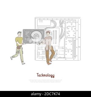 Kleine Arbeiter halten Hardware-Teil, HDD-Ersatz, Technologie-Reparatur-Shop, Computer-Wartung Service Banner. Festplatteninstallationsprozess Konz Stock Vektor