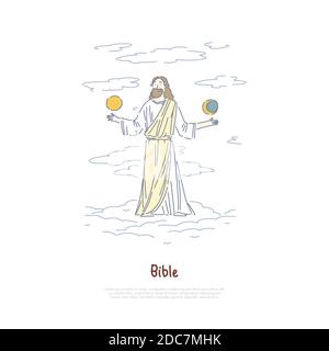 Welt Schöpfung Mythos, Gott hält Sonne und Mond, Legende und Mythologie Buch, Religion und Glauben Banner Vorlage. Bibelseite, christentum, Theologie conce Stock Vektor