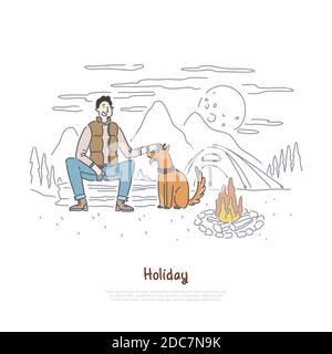 Tourist mit Hund am Lagerfeuer sitzen, Wanderung, Camp im Wald, Urlaub, Natur Erholung, Camping Banner. Nacht im Wald, Erholung im Freien c Stock Vektor