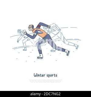 Junge Sportler auf der Eisbahn, professionelle Skater Rennen für Meisterschaft, Menschen auf der Eisbahn, Eisschnelllauf Banner. Wintersport, Sprint Wettbewerb con Stock Vektor