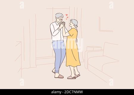 Liebe, Spaß, Datum, Paar, Romantik, Tanzkonzept. Alter Mann und Frau Senioren Rentner Comic-Figuren Mann und Frau tanzen zusammen Stock Vektor