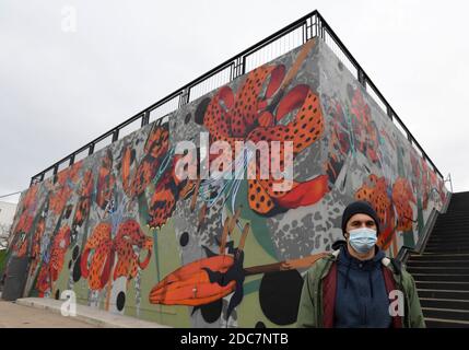 Prag, Tschechische Republik. November 2020. Der Künstler Ondrej Vyhnanek, der eine Gesichtsmaske trägt, präsentiert am Donnerstag, den 19. November 2020, sein neues Werk der Wandmalerei "Flora und Fauna", das die rekonstruierte rote Linie Opatov Metro Station Notausgang in Prag, Tschechische Republik, schmückt. Kredit: Michal Krumphanzl/CTK Foto/Alamy Live Nachrichten Stockfoto