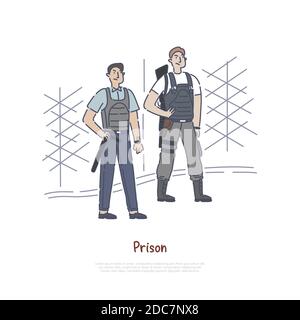 Gefängniswärter mit Werkzeug und Ausrüstung, Offizier im Dienst, bewaffneter Soldat an der Grenze, Gefängnismauer, Zaunbanner. Strafverfolgung, Polizei Spezialeinheiten conce Stock Vektor