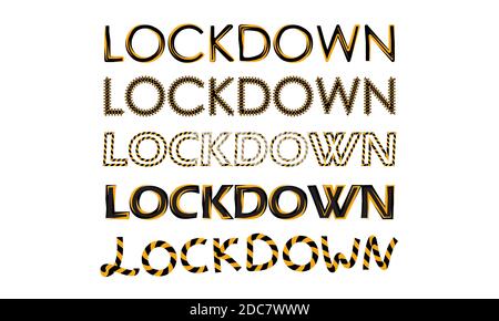 Sperrstreifen-Text in Orange und Schwarz auf transparentem Hintergrund. Corona Virus oder Covid-19 Pandemie Prävention, zu Hause gesperrt bleiben Stock Vektor