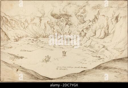 Joris Hoefnagel, (Künstler), Flämisch, 1542 - 1600, Forum Vulcani: The Hot Springs at Pozzuoli, c. 1577/1578, Stift und braune Tinte mit Spuren schwarzer Kreide, insgesamt: 18.8 x 29.3 cm (7 3/8 x 11 9/16 Zoll Stockfoto