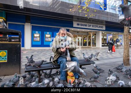Glasgow, Schottland, Großbritannien. November 2020. Wetter in Großbritannien. Ein Mann, der auf einer Bank sitzt und die Tauben in der Sauchiehall Street füttert. Kredit: Skully/Alamy Live Nachrichten Stockfoto