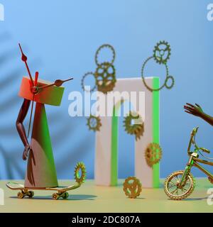 Zusammensetzung von Zahnrädern, Figuren, Bögen, Beine und Hände, Fahrrad und Skateboard, Konzept über Zeitmangel, Frist. Stockfoto